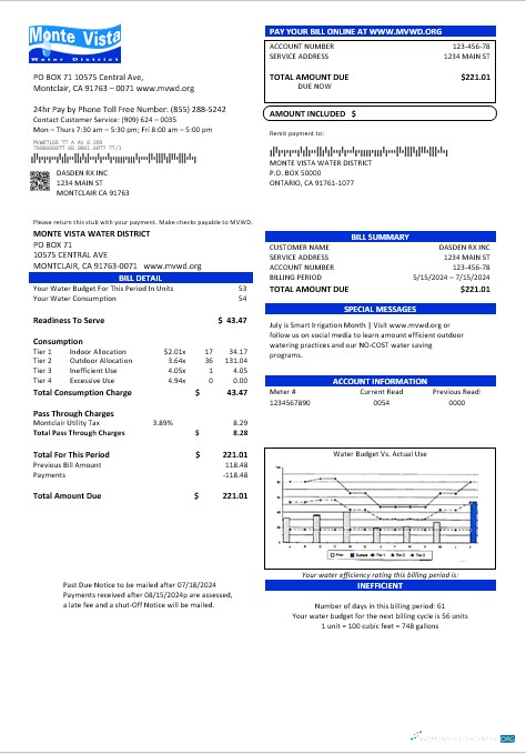 USA California Monte Vista Water District business utility bill template in Word and PDF formats